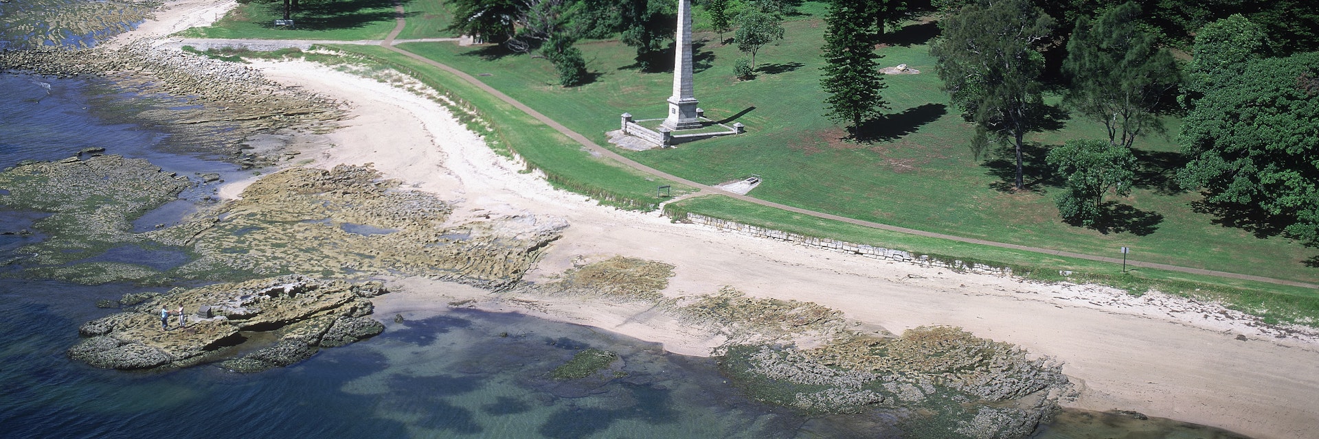 aerial view over captain cooks landing place, kurnell, sydney