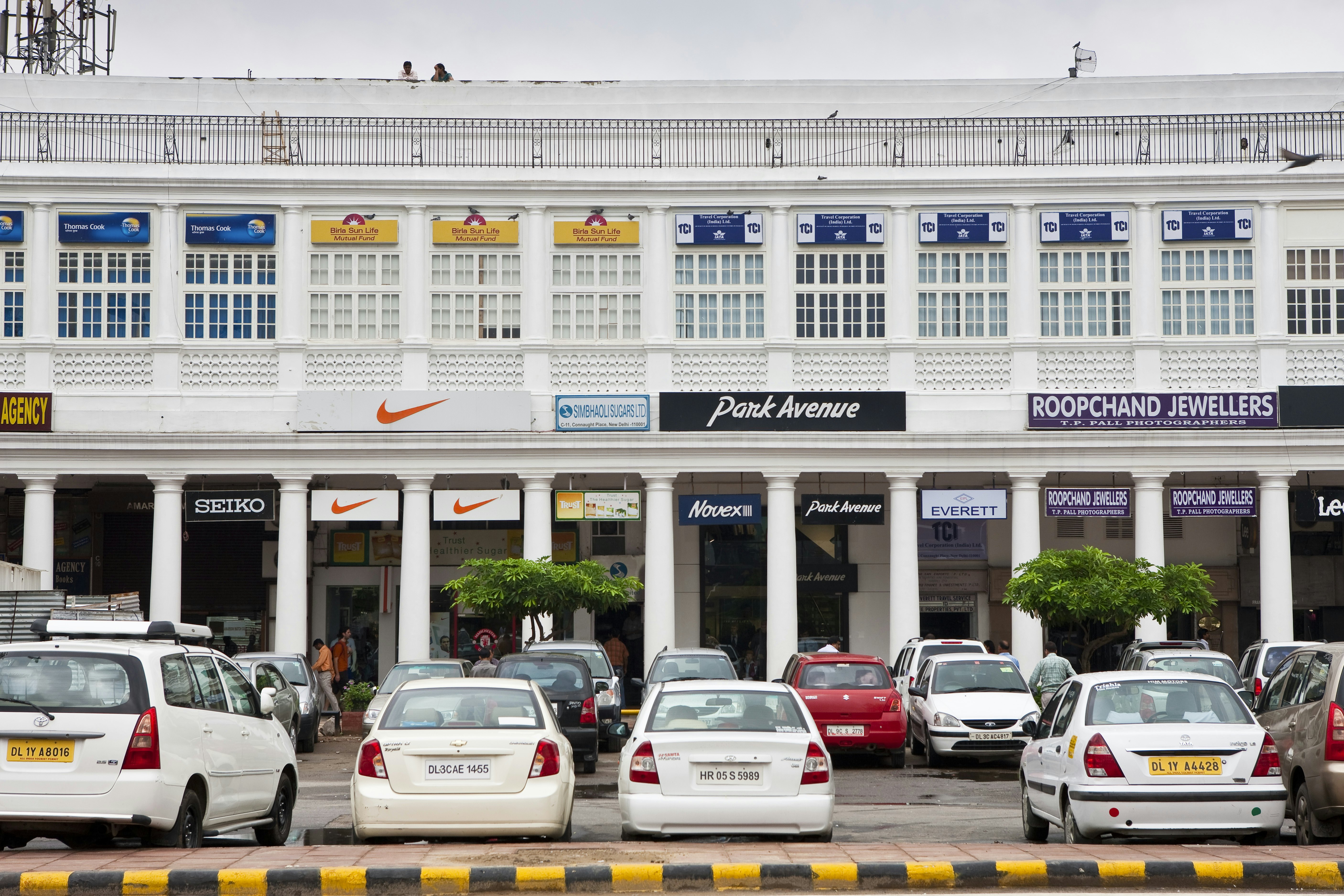 Shops and offices in the colonnaded buildings of Connaught Place.