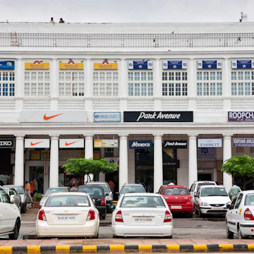 Shops and offices in the colonnaded buildings of Connaught Place.