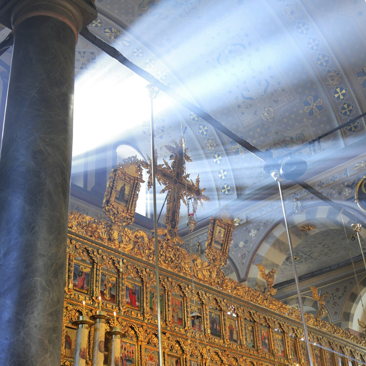 Sunlight flooding interior of St George church of Ecumenical Orthodox Patriarchate.