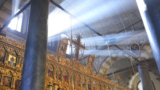 Sunlight flooding interior of St George church of Ecumenical Orthodox Patriarchate.