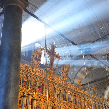 Sunlight flooding interior of St George church of Ecumenical Orthodox Patriarchate.
