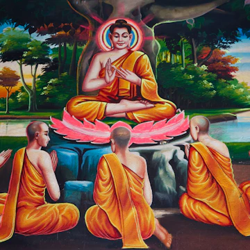 Colourful Buddhist wall paintings inside main pagoda of Wat Thmei.