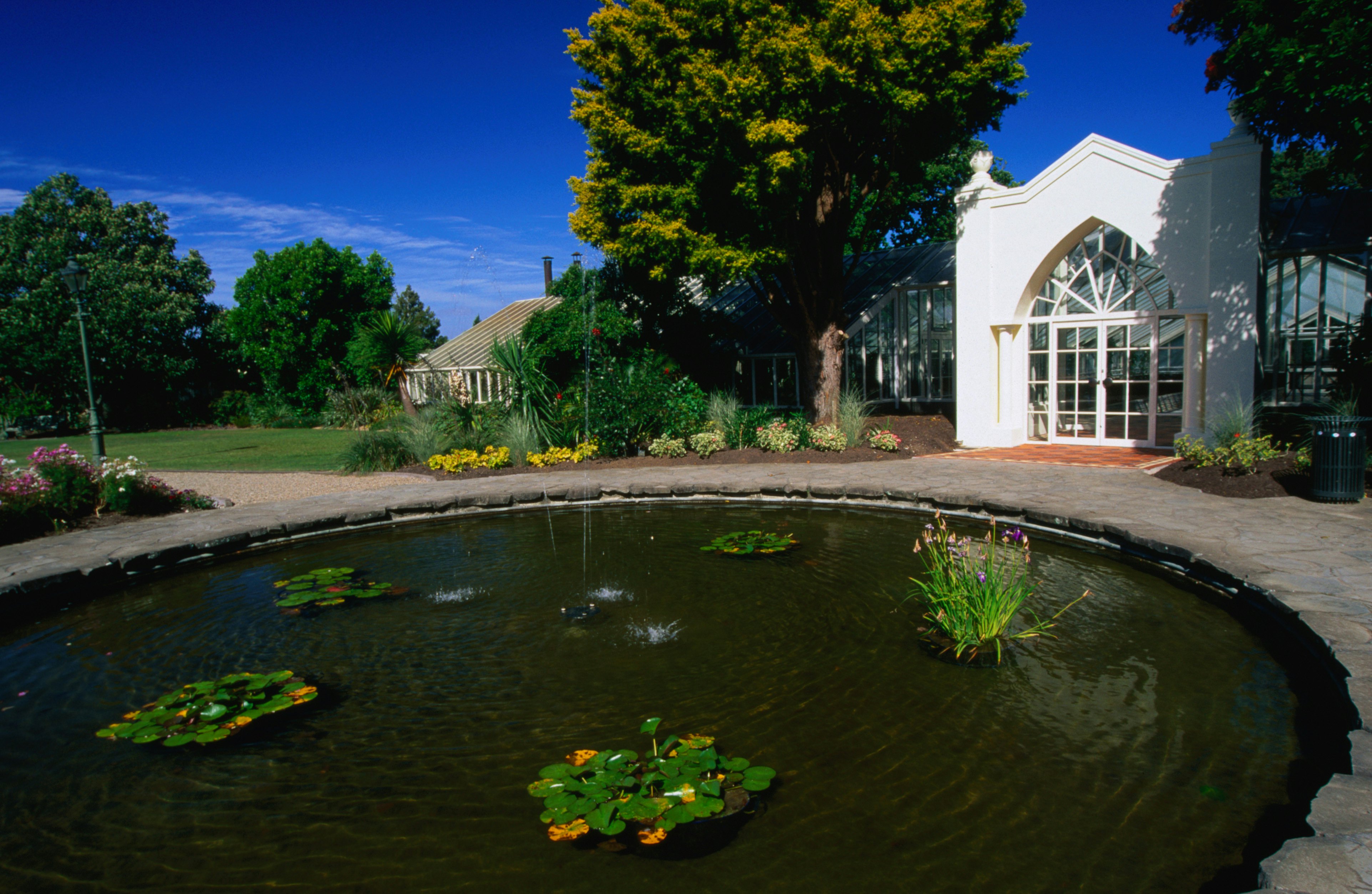 A greenhouse and a pond in Hamilton Gardens.