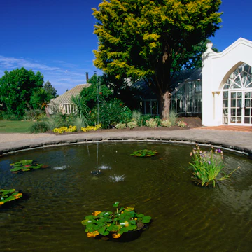 A greenhouse and a pond in Hamilton Gardens.