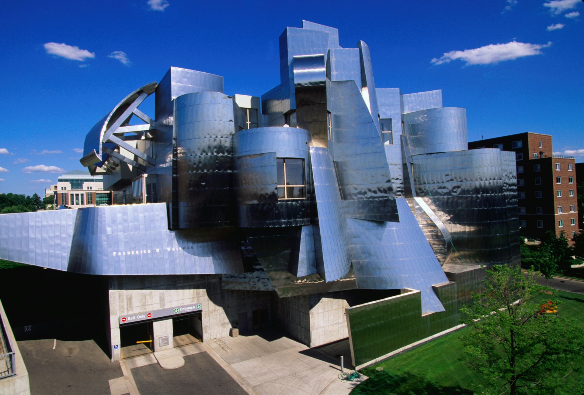 The gleaming exterior of the Weisman Art Museum by architect Frank Gehry