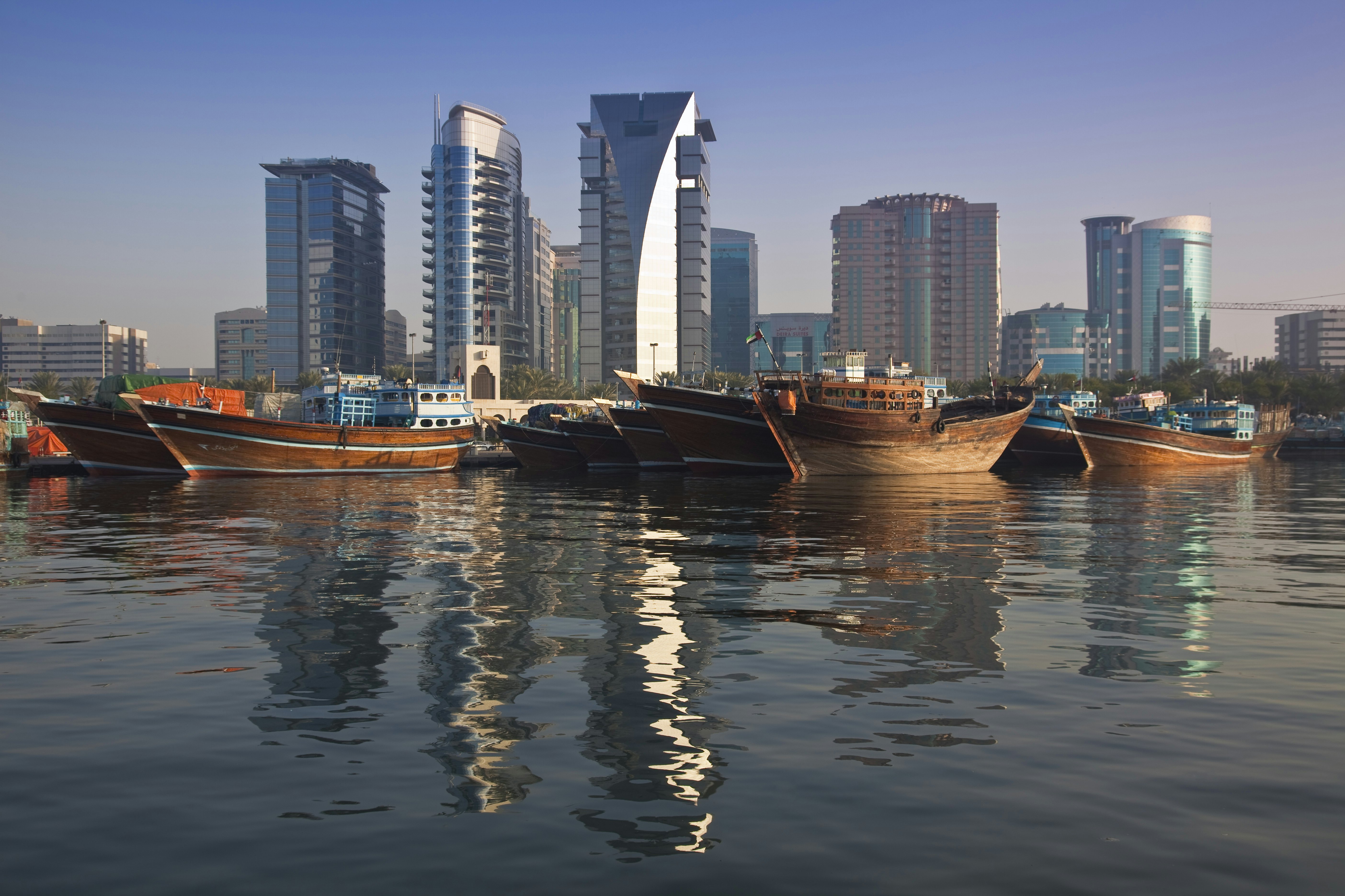Cargo ships at dhow wharfage on Dubai Creek.