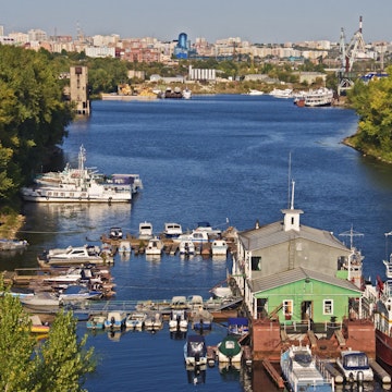 Boats moored on Volga River.