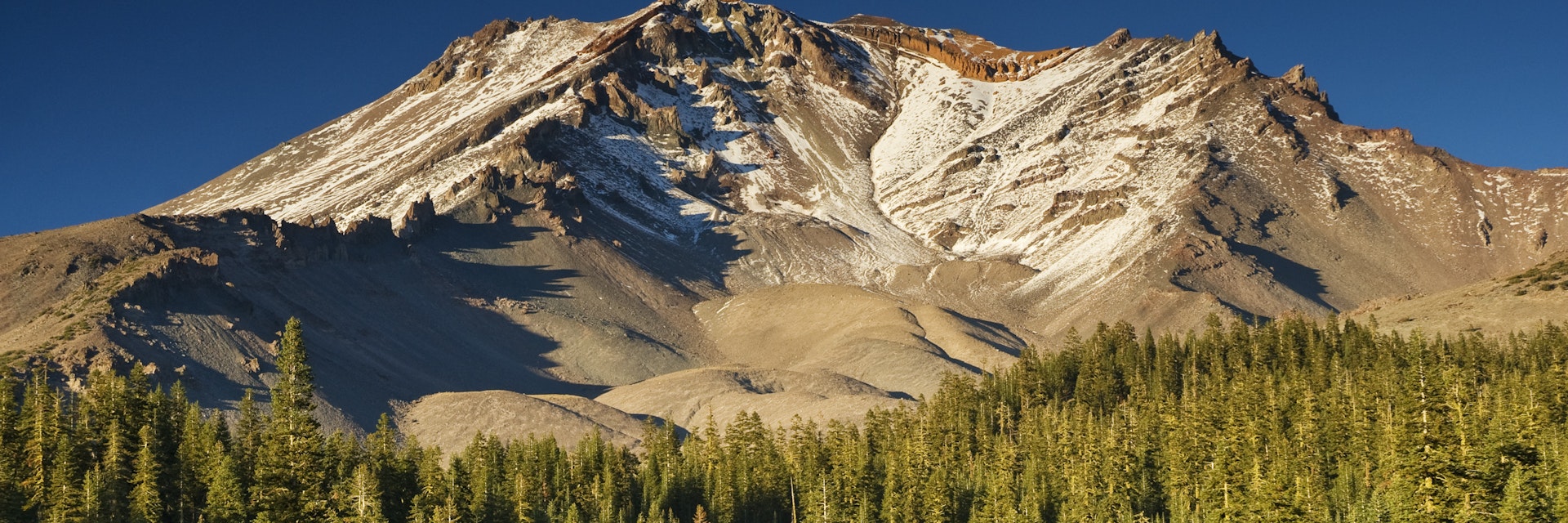 Avalanche Gulch area on Mt Shasta at sunset, seen from Bunny Flat Trailhead on Everitt Memorial Highway.