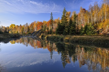 Autumn reflections in Junction Creek, Greater Sudbury, Lively, Ontario, Canada