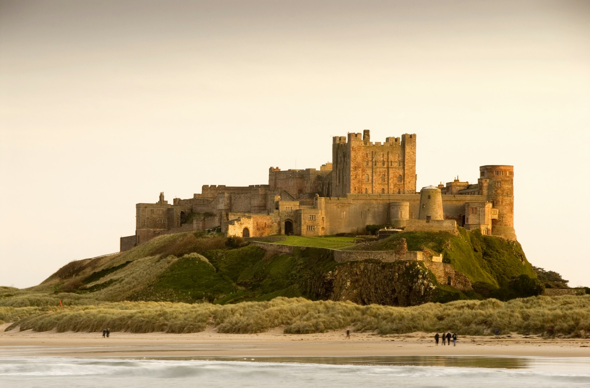 A view of Bamburgh Castle at dusk, Northumberland, England, United Kingdom