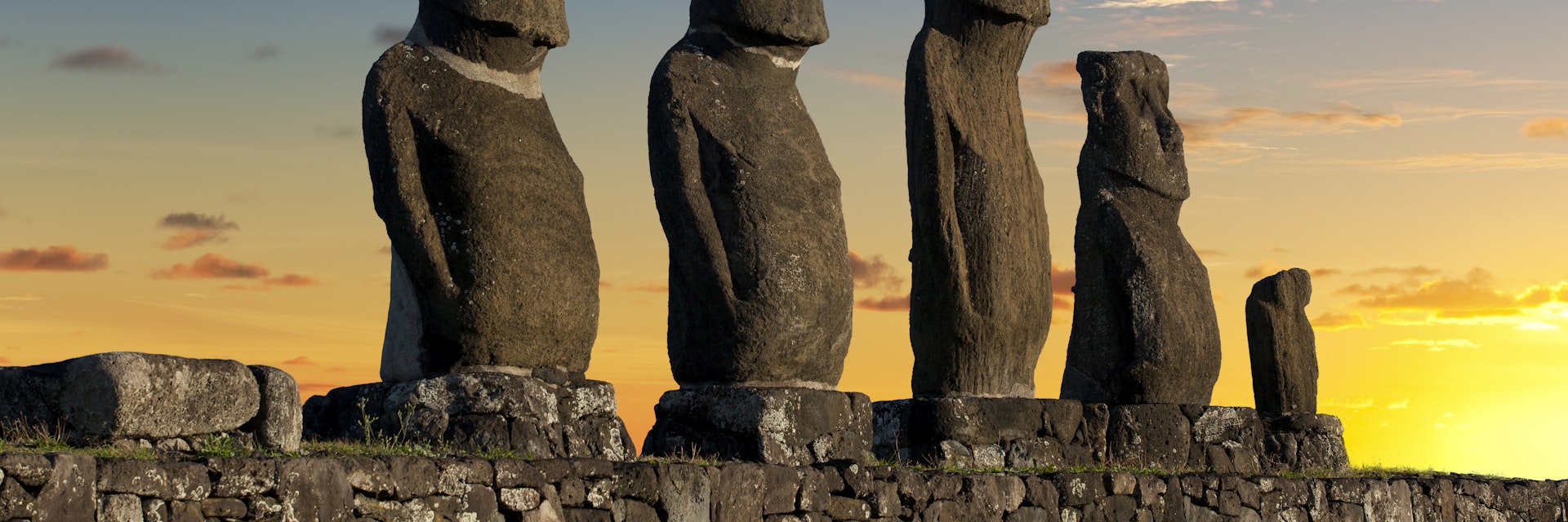 Dawn over Moais at Ahu Tahai on Easter Island Chile