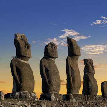 Dawn over Moais at Ahu Tahai on Easter Island Chile
