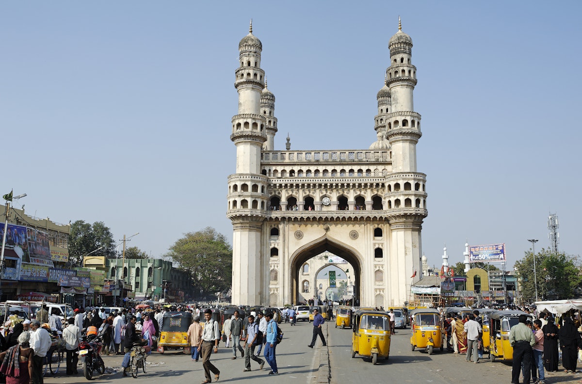India, Andhra Pradesh, Hyderabad. The Charminar, or four minars, is no longer a mosque but remains one of Indias best known buildings.