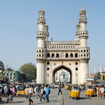 India, Andhra Pradesh, Hyderabad. The Charminar, or four minars, is no longer a mosque but remains one of Indias best known buildings.