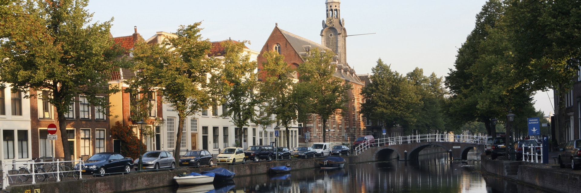 Netherlands, Leiden, view across canal with Leiden university's Academy Building on the right