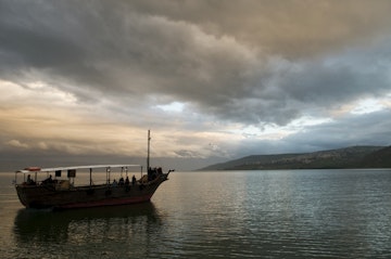 Israel, Sea of Galilee, tourboat en route to one of the holy sites