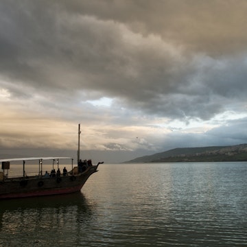 Israel, Sea of Galilee, tourboat en route to one of the holy sites