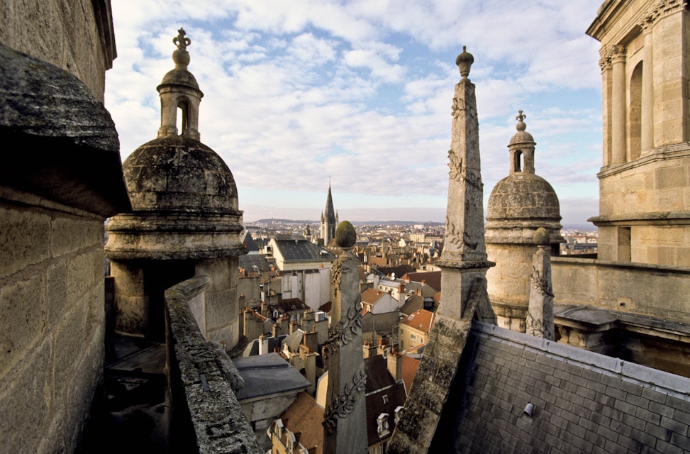 France, Dijon, general view of the historical city center from the rooftop of Saint Michel church