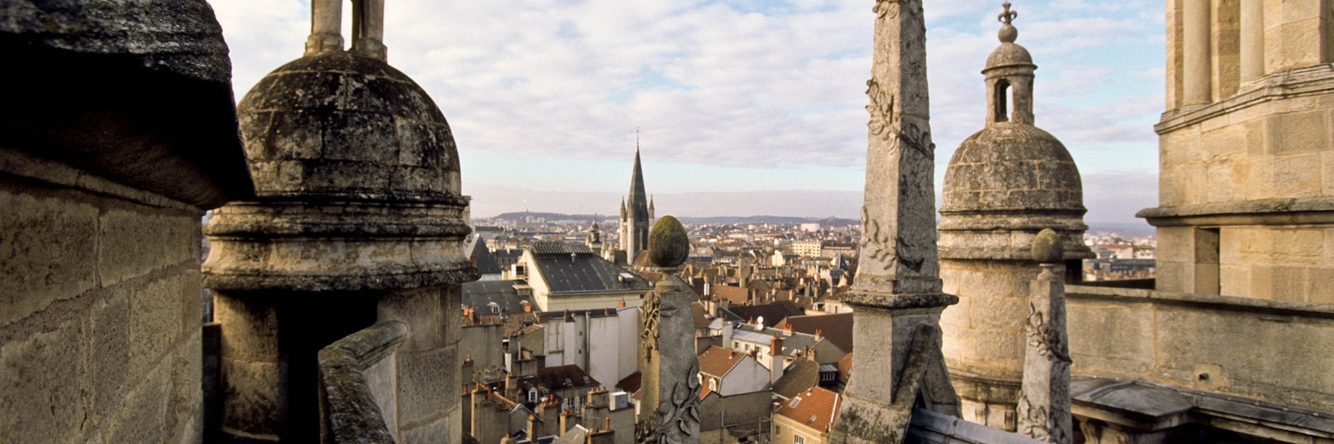 France, Dijon, general view of the historical city center from the rooftop of Saint Michel church