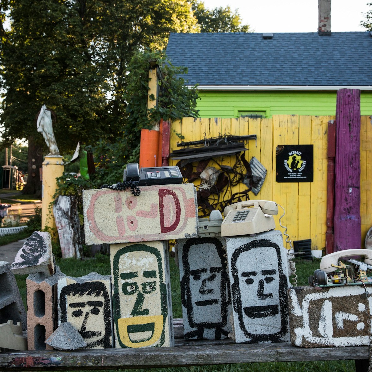 DETROIT, MI - SEPTEMBER 03:  A sculpture created from recycled material sits amongst the "Heidelberg project," which is an "open air art environment" centered around one block in Detroit, on September 3, 2013 in Detroit, Michigan. The Heidelberg project is the brain child of Tyree Guyton. He and other artists use the urban environment (including homes and sidewalks) as a canvas for art, which they make using paint and recycled materials.  (Photo by Andrew Burton/Getty Images)
