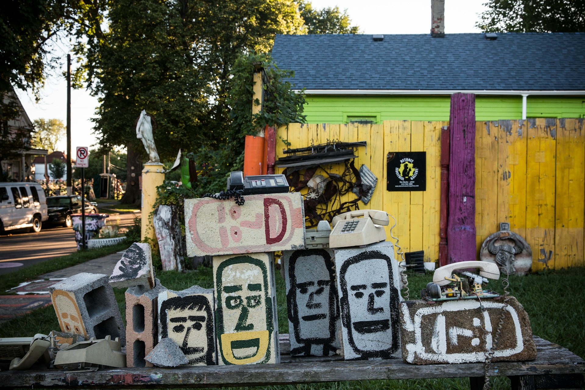 A sculpture created from recycled material sits amongst the "Heidelberg project," which is an "open air art environment" centered around one block in Detroit, Michigan.