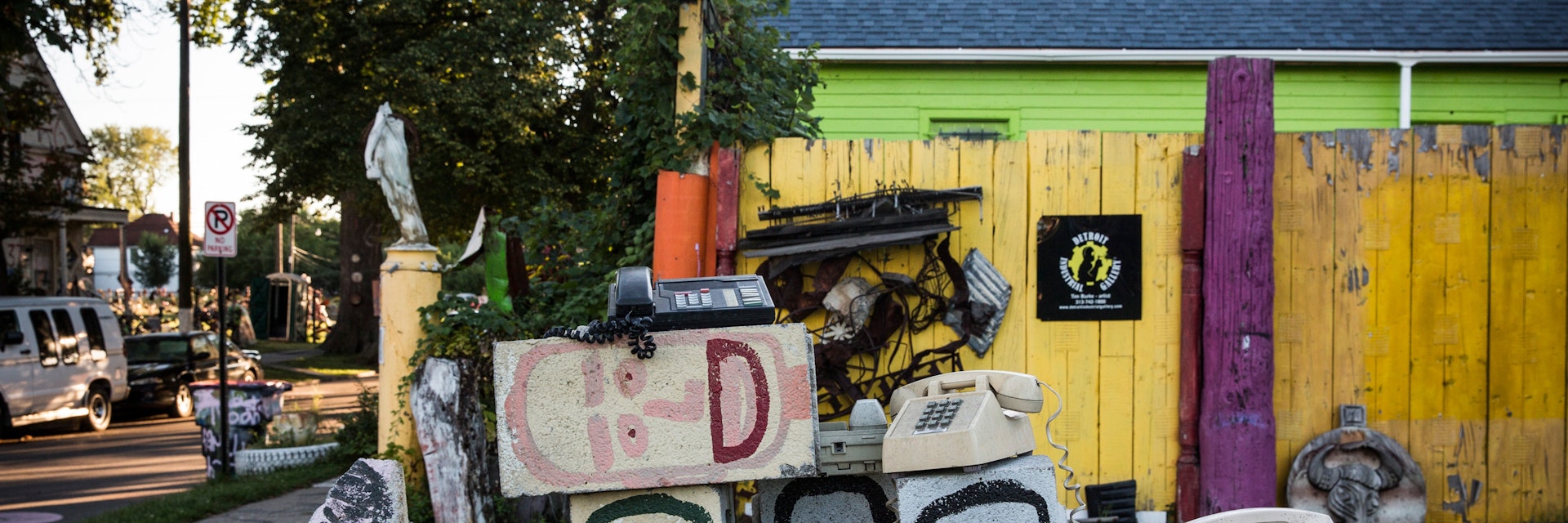 DETROIT, MI - SEPTEMBER 03:  A sculpture created from recycled material sits amongst the "Heidelberg project," which is an "open air art environment" centered around one block in Detroit, on September 3, 2013 in Detroit, Michigan. The Heidelberg project is the brain child of Tyree Guyton. He and other artists use the urban environment (including homes and sidewalks) as a canvas for art, which they make using paint and recycled materials.  (Photo by Andrew Burton/Getty Images)