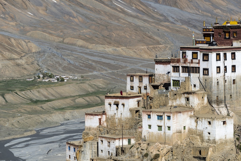 KI VILLAGE, HIMACHAL PRADESH, INDIA - 2013/06/05: Aerial view on Ki Gompa, a Tibetan Buddhist monastery located on top of a hill at an altitude of 4,166 metres, the Spiti Valley in the background.. (Photo by Frank Bienewald/LightRocket via Getty Images)
