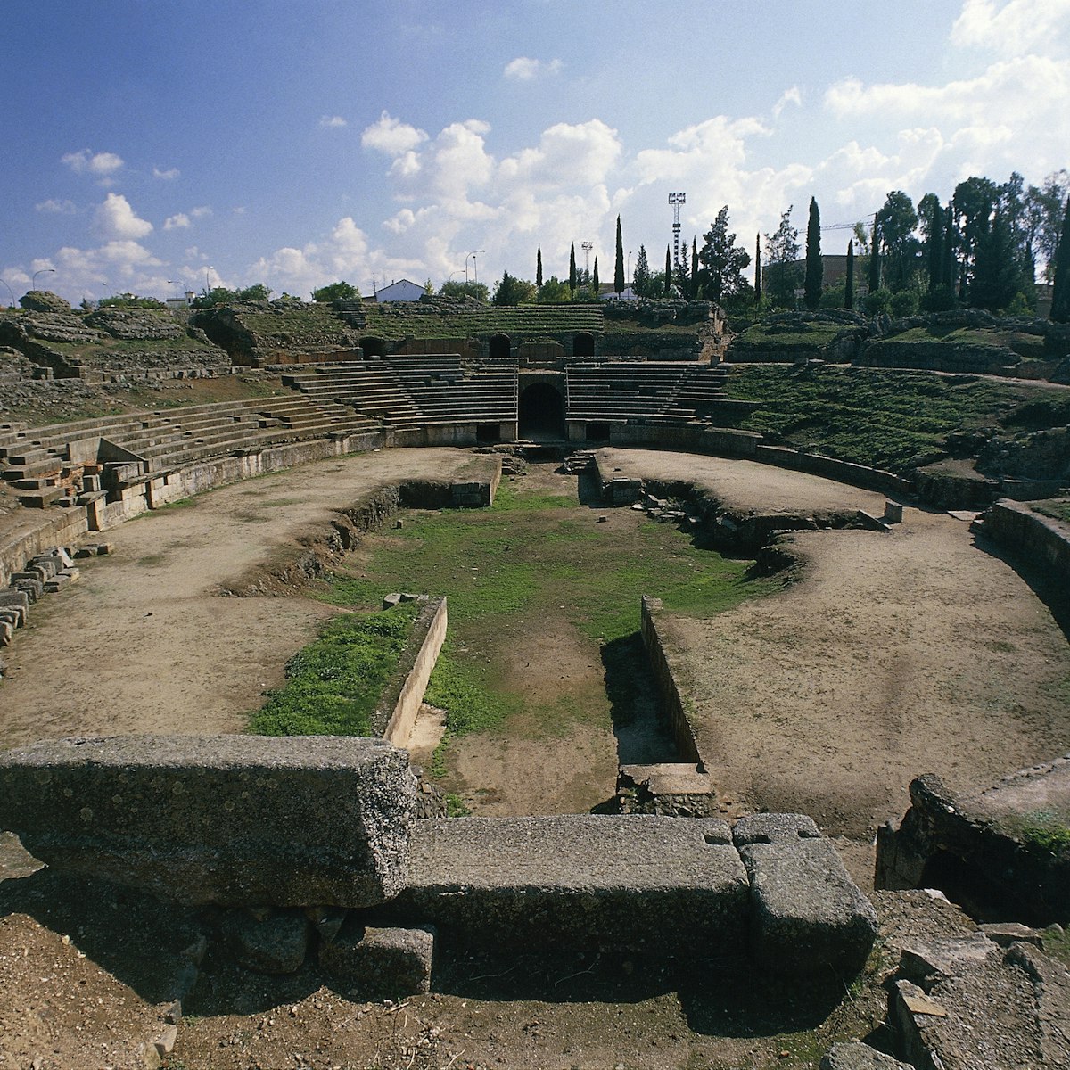 SPAIN - DECEMBER 23: Roman amphitheatre of Merida (Unesco World Heritage List, 1993), Extremadura, Spain. (Photo by DeAgostini/Getty Images)