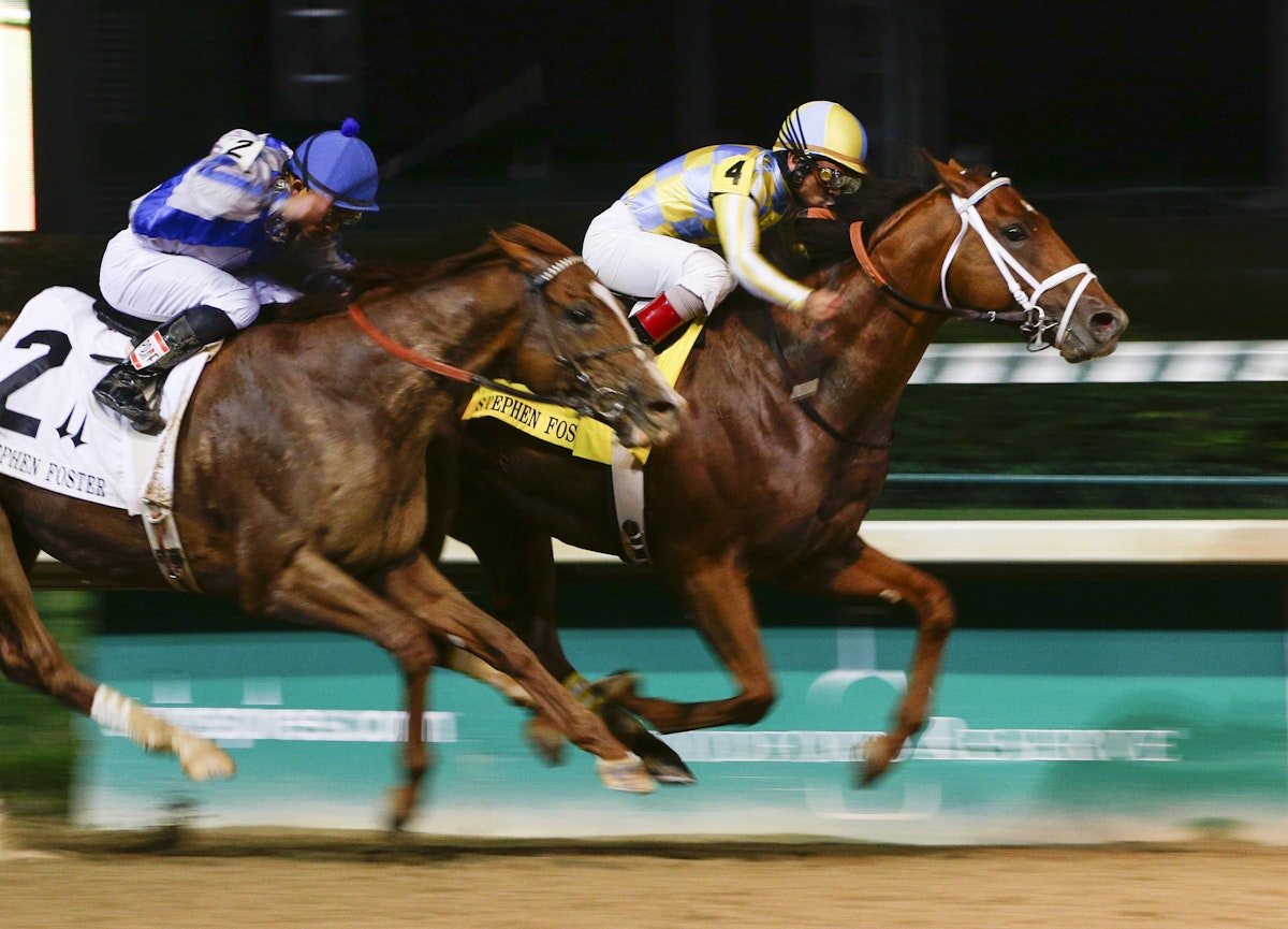 Noble Bird, right, with Shaun Bridgemohan up, wins the Stephen Foster Handicap at Churchill Downs on Saturday, June 12, 2015, in Louisville, Ky. (Mark Cornelison/Lexington Herald-Leader/TNS via Getty Images)
