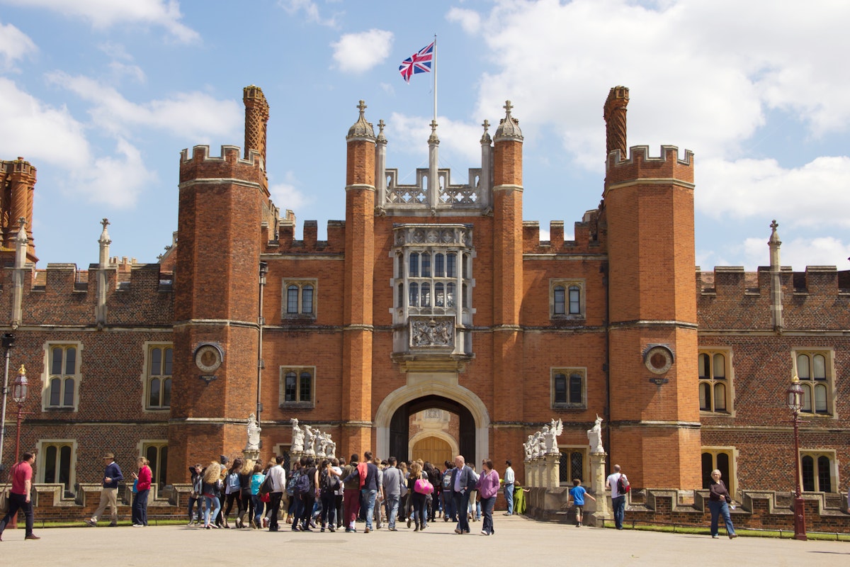 The main entrance to Hampton Court Palace, Richmond, London, England.
