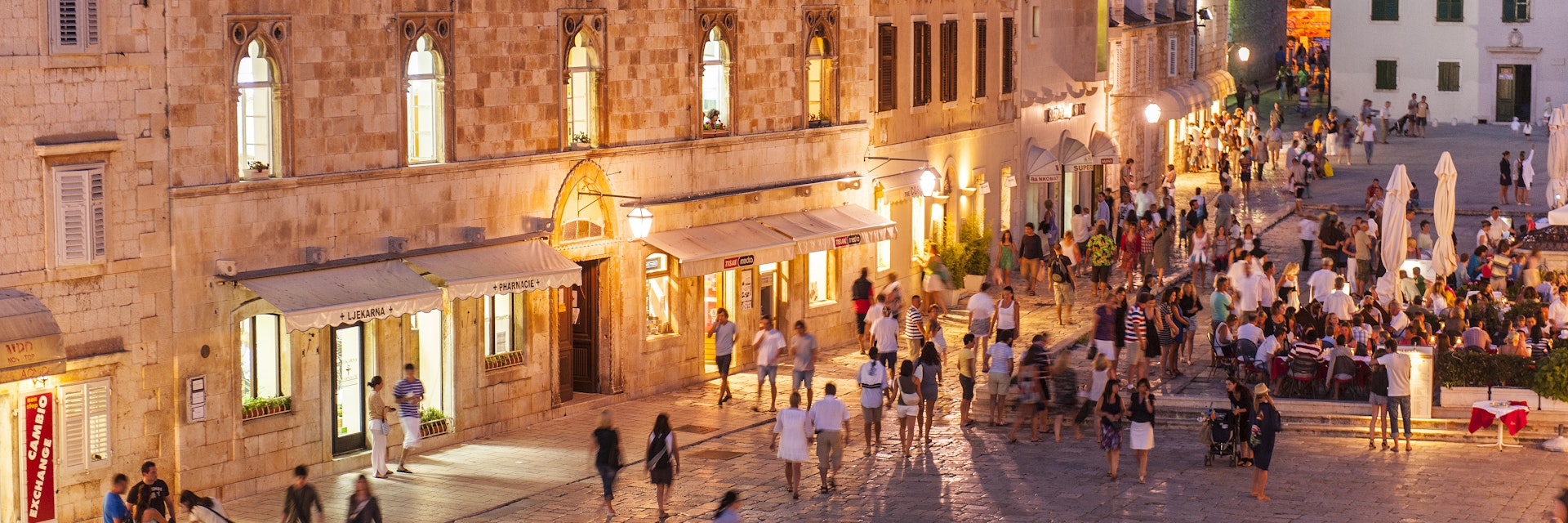 Town square, people walking