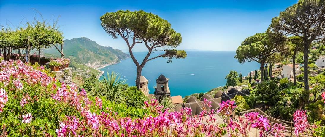 Amalfi Coast from Villa Rufolo gardens in Ravello, Campania, Italy