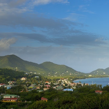 Grenadines, Grenada, Carriacou Island, Elevated view of town