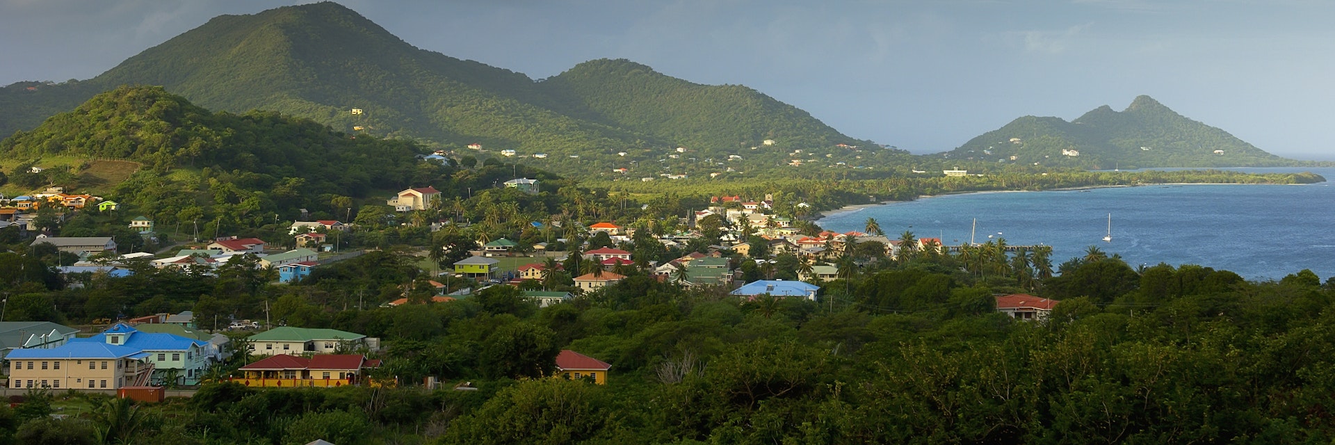 Grenadines, Grenada, Carriacou Island, Elevated view of town