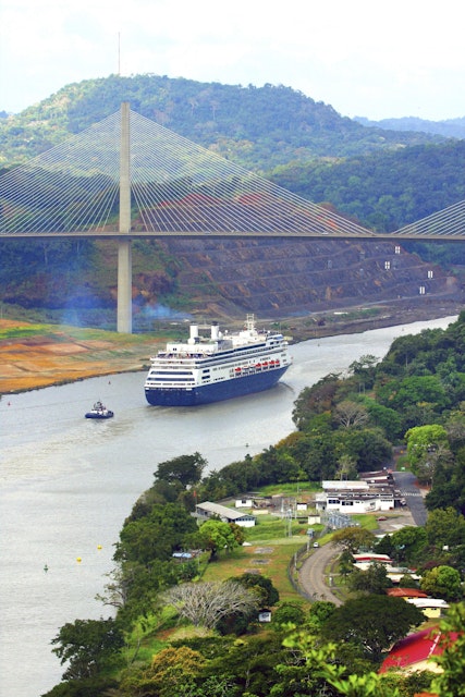 Cruise ship sailing underneath the Centennial Bridge, Panama Canal.