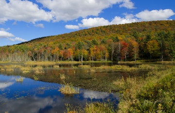 Jericho, Burlington, Vermont, Fall Foliage colors on lake in Northern New England with fall colors in October