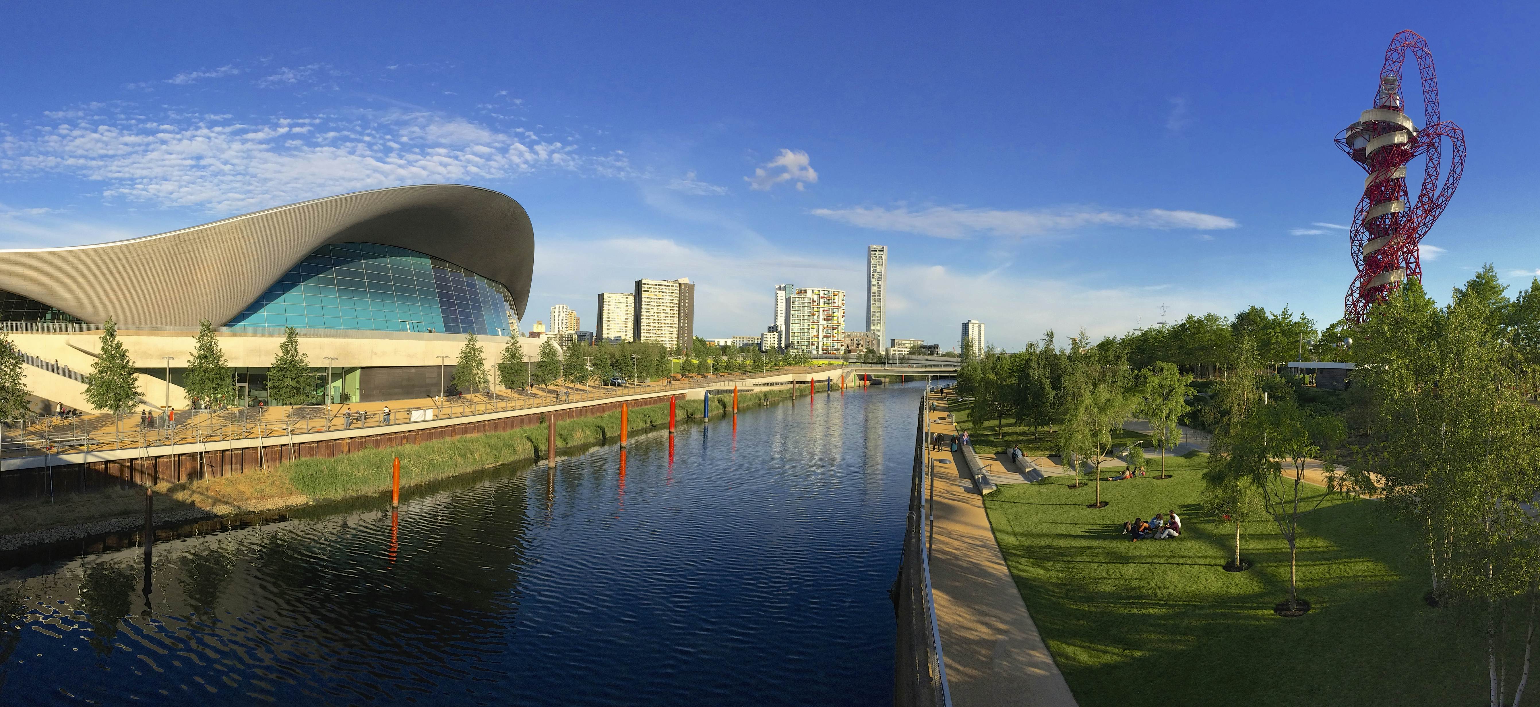 [UNVERIFIED CONTENT] Queen Elizabeth Olympic Park 2012 with Aquatics Centre, the Orbit and the River Lea, Stratford, London, UK