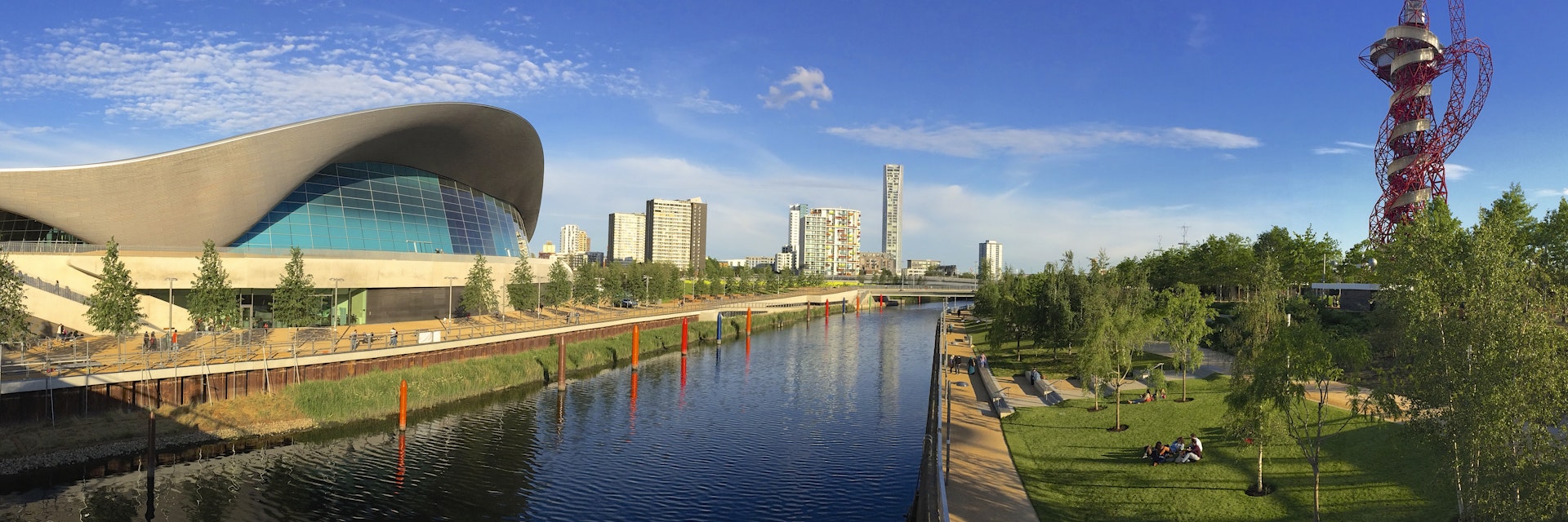 [UNVERIFIED CONTENT] Queen Elizabeth Olympic Park 2012 with Aquatics Centre, the Orbit and the River Lea, Stratford, London, UK