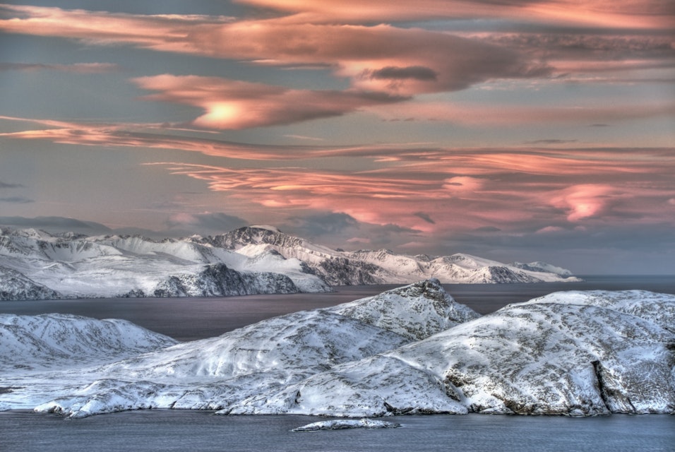 sunset in early winter near Saglek, northern Labrador. Torngat Mountains National Park.