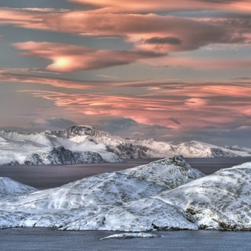 sunset in early winter near Saglek, northern Labrador. Torngat Mountains National Park.