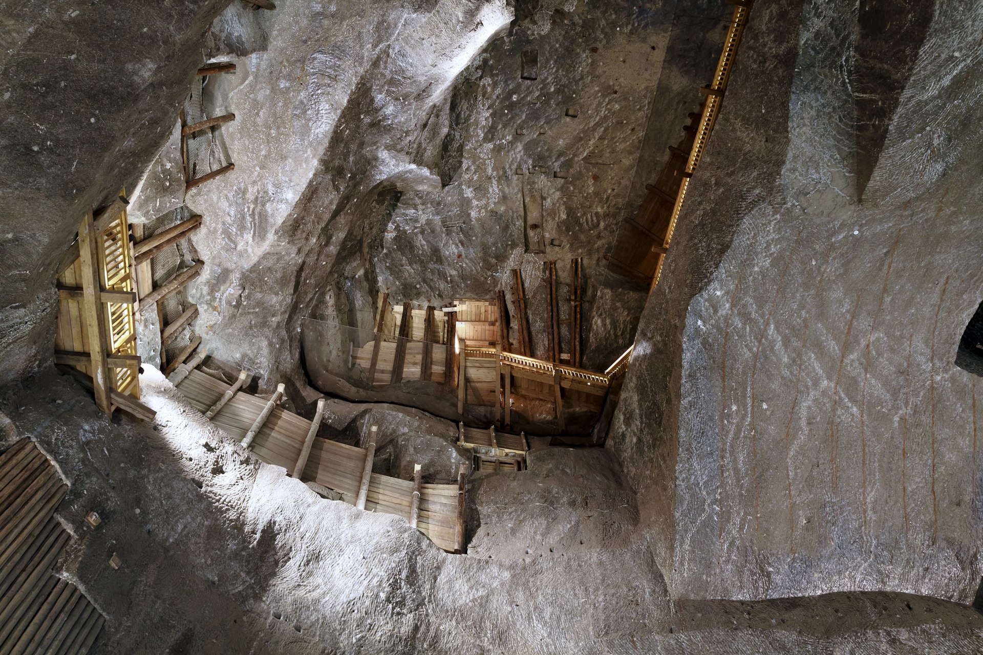 Wooden stairways and pillars in a passageway in a salt mine