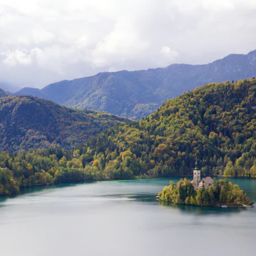 View of church on Bled Island, Lake Bled, Slovenia