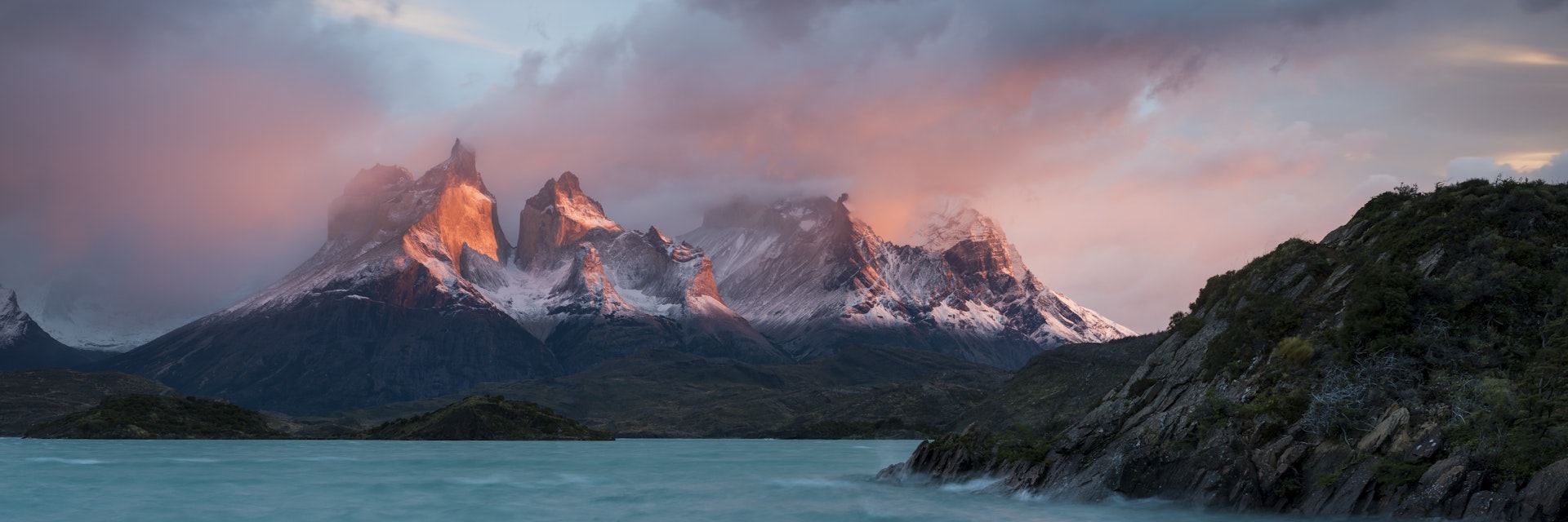 Dawn over Lago Pehoe, Torres del Paine National Park, Patagonia, Chile