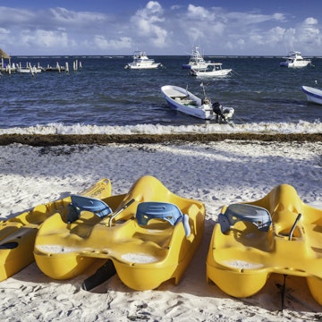 Boats, Caribbean Sea beach, Puerto Morelos, Mexico