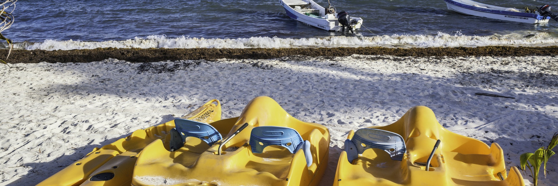 Boats, Caribbean Sea beach, Puerto Morelos, Mexico