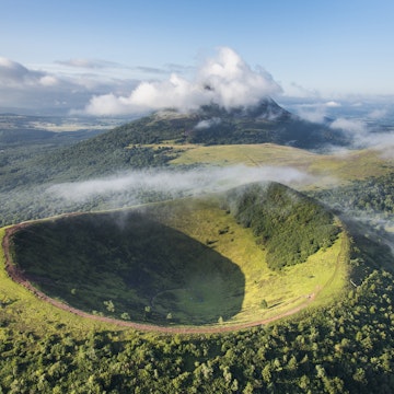 France, Puy de Dome, the Regional Natural Park of the Volcanoes of Auvergne, Chaine des Puys, Orcines, the crater of Puy Pariou volcano (aerial view)