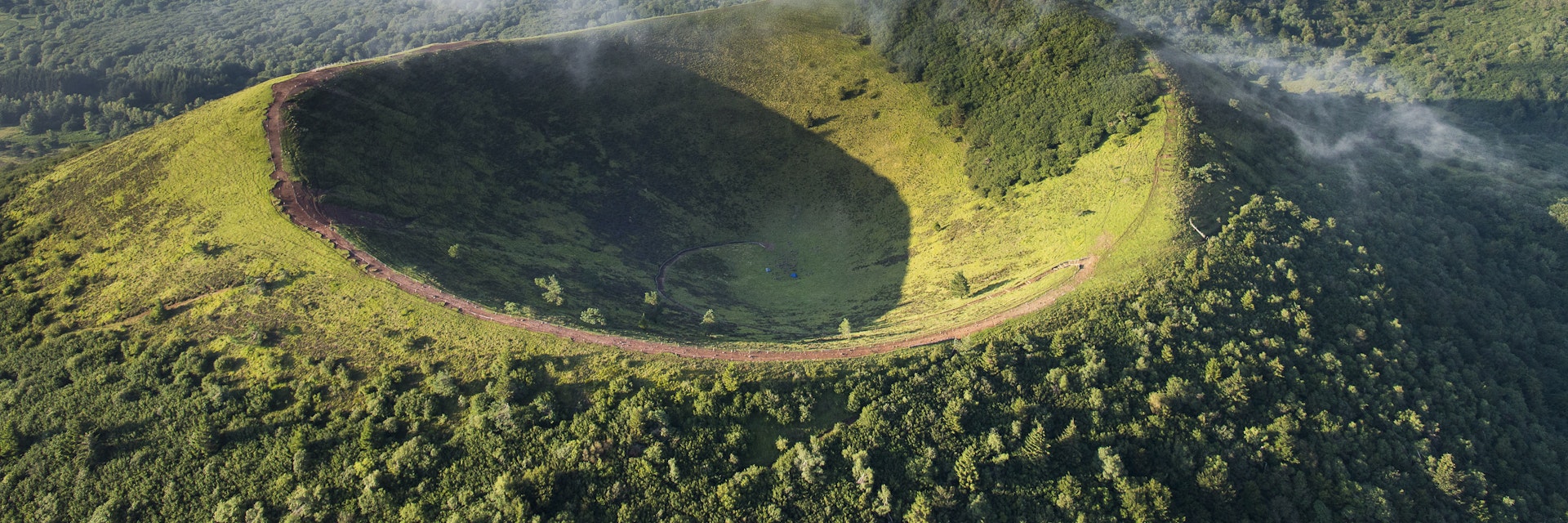 France, Puy de Dome, the Regional Natural Park of the Volcanoes of Auvergne, Chaine des Puys, Orcines, the crater of Puy Pariou volcano (aerial view)