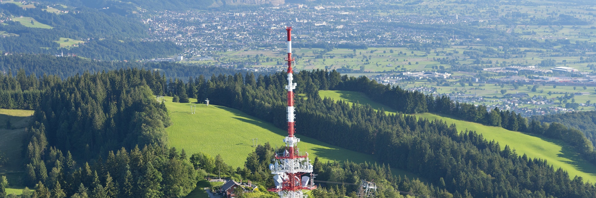 Austria, Vorarlberg, Bregenz, aerial view of radio tower on Pfaenderspitze