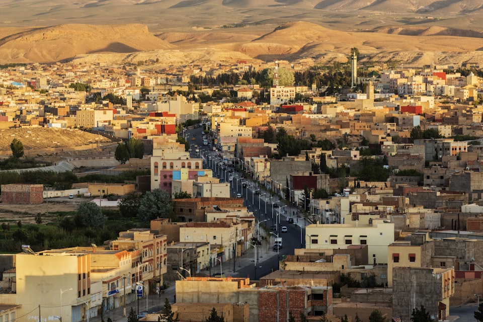 Aerial view of Midelt cityscape in shadow, Morocco